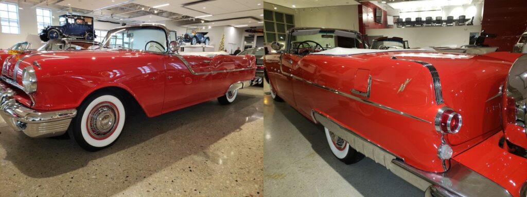 Admire the vibrant 1950s Pontiac convertible in stunning red, showcased in a classic car museum. Learn more about vintage autos on TheSteeringColumn by Darrel Burnett. (134 characters)