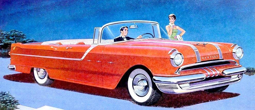 Step into the 1950s with this vibrant Pontiac convertible, featuring a stylish couple. Explore more classic car stories on TheSteeringColumn by Darrel Burnett. (131 characters)