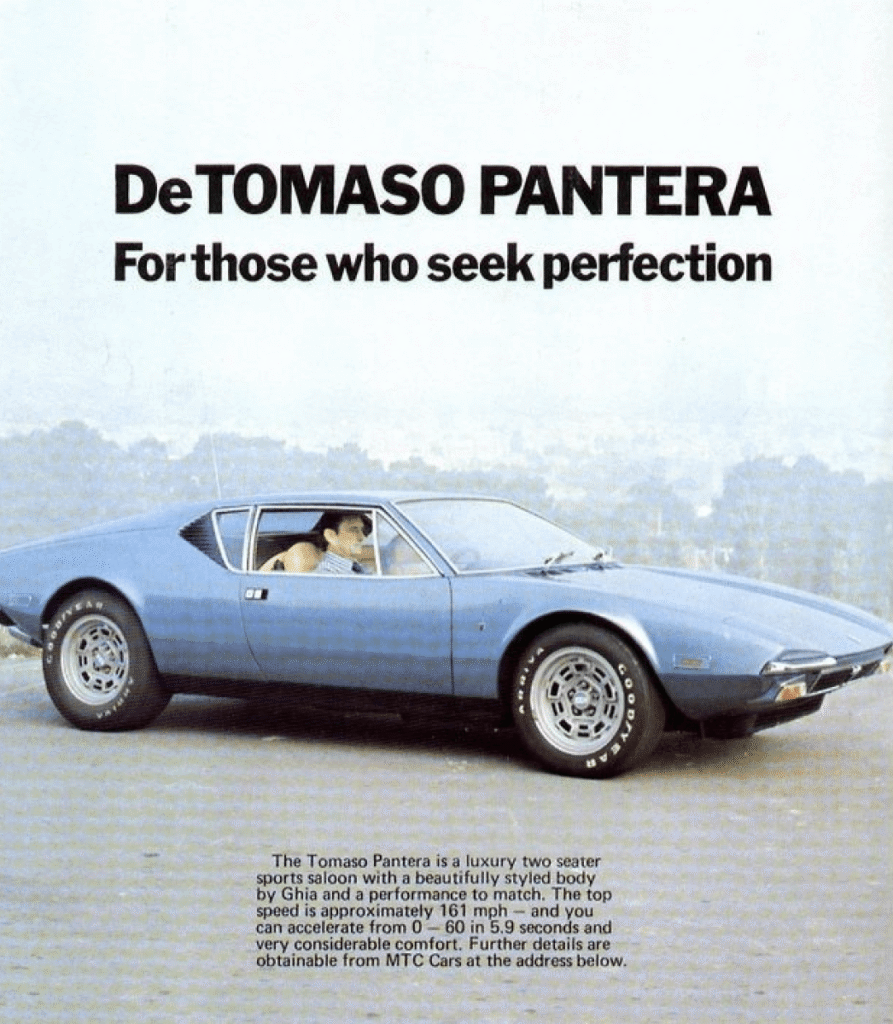 Discover the luxurious 1970s DeTomaso Pantera in this vintage ad, built for perfection. (93 characters)