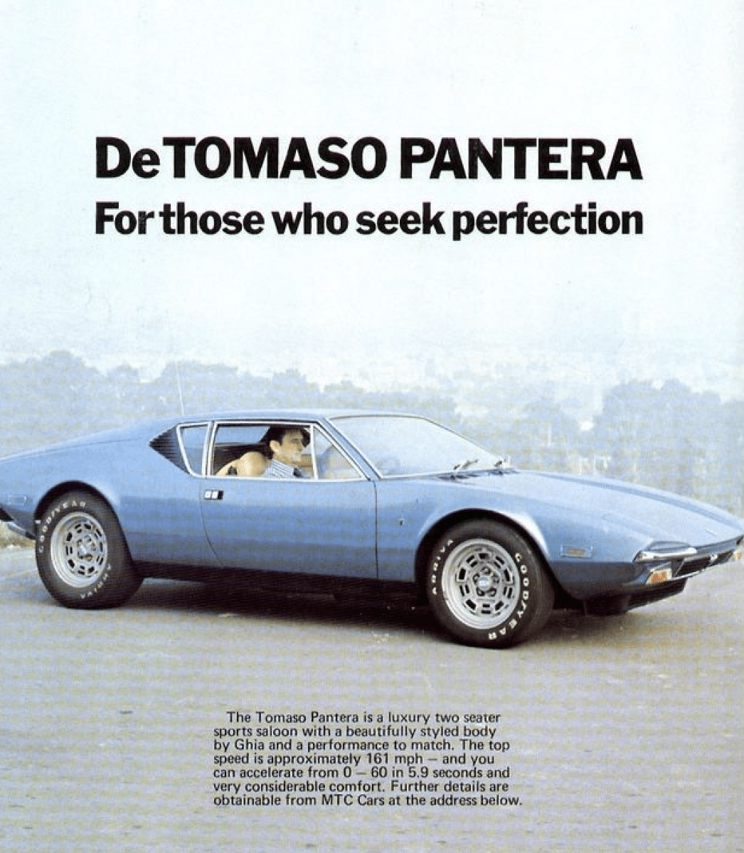 Discover the luxurious 1970s DeTomaso Pantera in this vintage ad, built for perfection. (93 characters)