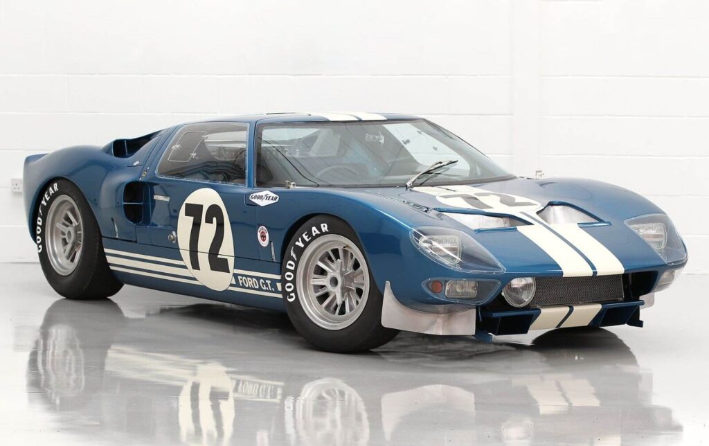 Check out the iconic Ford GT40 race car, a 1960s legend with a blue and white design. (92 characters)